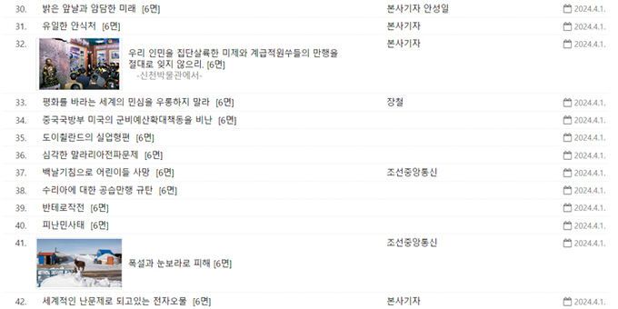 노동신문 온라인 사이트에서 2일치 노동신문 업로드돼 6면에 서방 국가들을 비난한 기사가 게재된 모습. 노동신문 온라인 사이트는 국내에서 접속이 차단된다. 우회경로로 편법 접속하면 볼 수 없는 것은 아니다. 많은 언론인, 전문가, 연구자들이 보도나 연구 목적으로 불편을 감수하고 불완전한 방법으로 접속하고 있고 조선중앙통신사 편법 접속한 자료화면은 보도를 위해 불가피하게 KBS 등 지상파 방송 뉴스에도 심심치 않게 등장한다. 노동신문 온라인 사이트 캡처