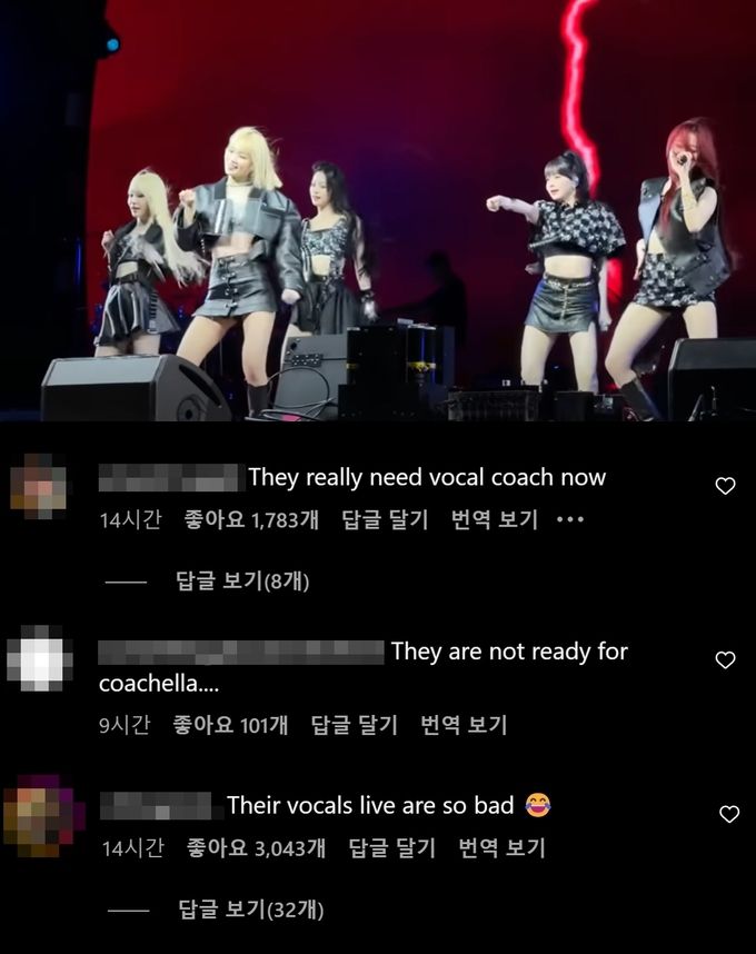 지난 13일(현지시간) 미국 음악 축체 코첼라에서 공연하고 있는 르세라핌의 모습(위)와 르세라핌의 공연 영상에 노래 실력에 대한 의문을 제기한 누리꾼들의 댓글. 유튜브·코첼라 공식 인스타그램 계정 캡처