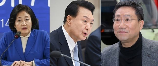 (왼쪽부터)박영선 전 중소벤처기업부 장관. 윤석열 대통령. (대통령실 제공) 양정철 전 민주연구원장. (연합뉴스)