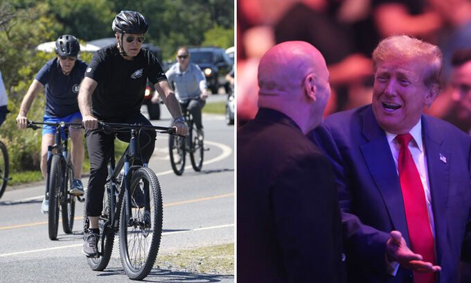 자전거 타는 바이든… UFC경기장 찾은 트럼프 조 바이든 미국 대통령(왼쪽 사진 맨 앞)이 1일(현지시간) 아들 헌터 등과 함께 델라웨어주 고든스 폰드 주립공원에서 자전거를 타고 있다. ‘성추문 입막음’ 형사재판에서 배심원단의 유죄 평결을 받은 도널드 트럼프 전 미국 대통령(오른쪽)은 같은 날 뉴저지주 뉴왁에서 열린 이종격투기 대회 ‘UFC 302’ 경기를 관람하던 중 데이나 화이트 UFC 회장과 웃으며 대화하고 있다. 뉴왁·레호보스비치=로이터·AFP연합뉴스