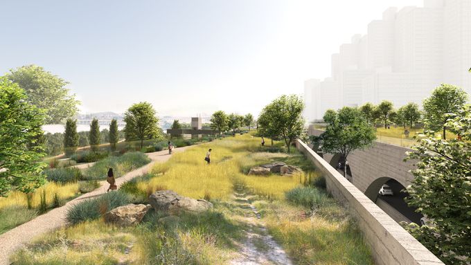 서울시 ‘반포지구 한강연결공원 및 문화시설 조성’ 국제설계공모에서 1등작으로 뽑힌 안의 올림픽대로 덮개공원 상부의 모습. 서울시 제공