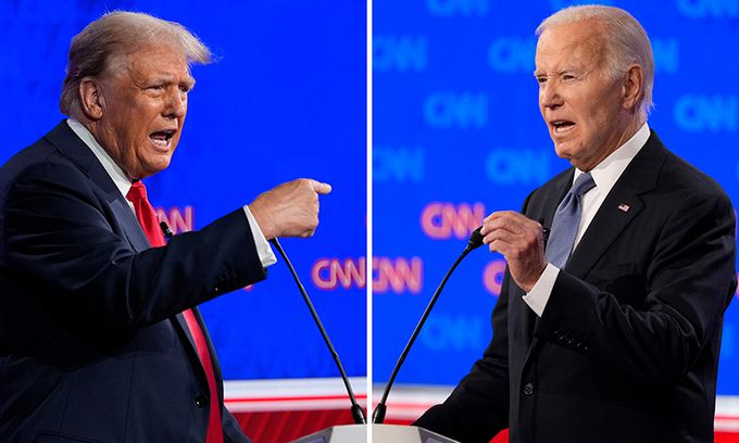 27일(현지시간) 미국 조지아주 애틀랜타 CNN 스튜디오에서 열린 대선 후보 첫 TV 토론에 참석한 조 바이든 대통령(오른쪽)과 도널드 트럼프 전 대통령이 격돌하고 있다. AP연합뉴스