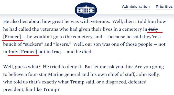 백악관 홈페이지에 게재된 조 바이든 미국 대통령의 발언 전문. 바이든이 이탈리아라고 말한 것은 오류이고 프랑스가 맞는다는 점(빨간줄)을 명시했다. 백악관 홈페이지 캡처