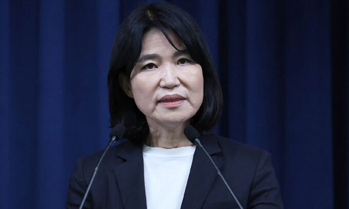 이진숙 신임 방송통신위원장 후보가 4일 오전 서울 용산 대통령실 브리핑실에서 인선 소감을 밝히고 있다. 대통령실사진기자단