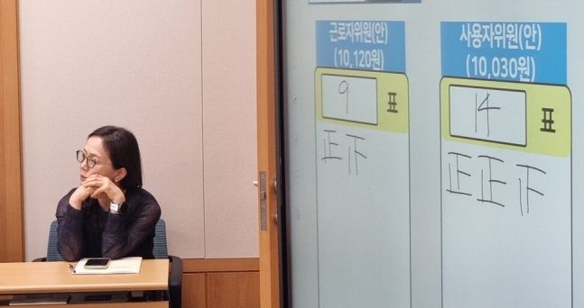 2025년 최저임금이 올해보다 1.7% 올라 시간당 1만30원으로 결정됐다. 12일 새벽 제11차 전원회의가 열린 정부세종청사 최저임금위원회 회의실 모니터에 2025년도 적용 최저임금액 투표 결과가 나타나고 있다. 연합뉴스