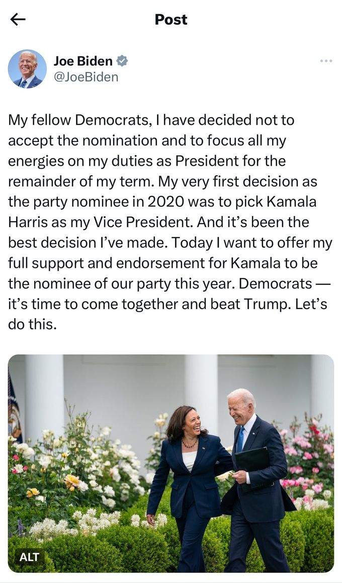 조 바이든 미국 대통령이 민주당 대선후보직을 사퇴하고 자신의 엑스(X·옛 트위터)를 통해 카멀라 해리스 부통령을 대선 후보로 지지한다고 밝혔다.     사진=바이든 대통령 엑스(X·옛 트위터)