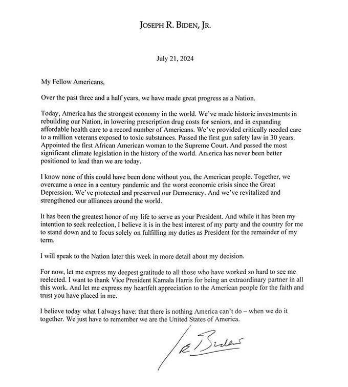 사퇴 입장 전문 조 바이든 미국 대통령이 21일(현지시간) 엑스(X·옛 트위터)에 올린 민주당 대선후보 사퇴 입장 전문. 바이든 대통령 엑스 캡처