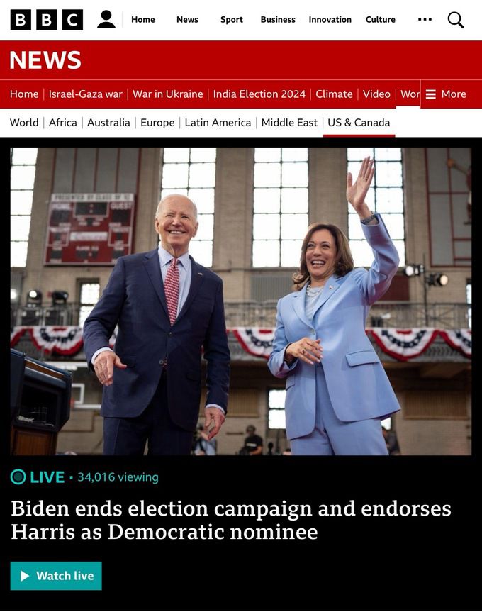 조 바이든 미국 대통령의 대선 후보 사퇴를 전하면서 바이든 대통령과 대타로 지명된 카멀라 해리스 부통령 이미지를 전한 BBC. BBC 제공