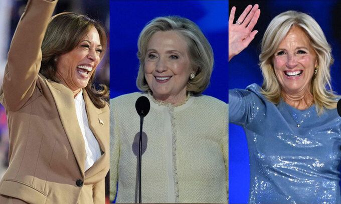 해리스 대관식에 나선 천군만마 미국 민주당 대선 후보 선출을 위한 전당대회 첫날인 19일(현지시간) 일리노이주 시카고의 유나이티드센터에서 대선 후보인 카멀라 해리스 부통령(왼쪽 사진)이 지지자들에게 손을 흔들며 환하게 웃고 있다. 이날 전당대회에는 힐러리 클린턴 전 국무장관(가운데), 조 바이든 대통령의 부인 질 바이든 여사(오른쪽)가 해리스 부통령 지지 연설에 나섰다. 시카고=AFP연합뉴스·AP뉴시스