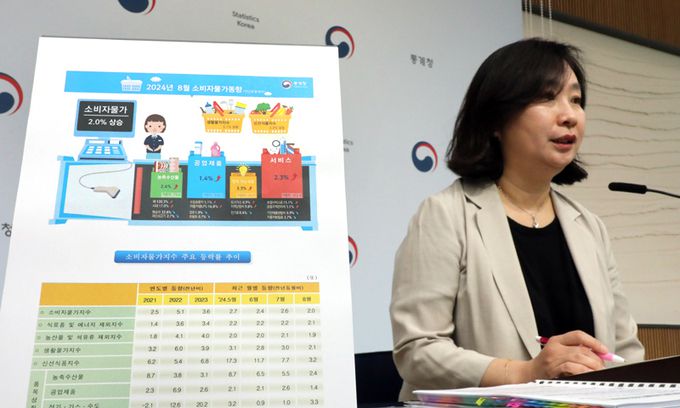 통계청 공미숙 경제동향통계심의관이 3일 정부세종청사에서 2024년 8월 소비자물가동향을 설명하고 있다. 연합뉴스