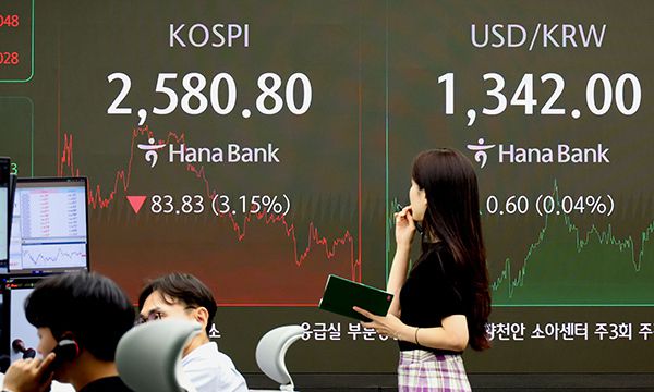 한국 증시도 요동 4일 서울 중구 하나은행 딜링룸 전광판에 코스피 종가가 전장 대비 83.83포인트(3.15%) 내린 2580.80을 기록하고 있다. 한국거래소에 따르면 코스피는 전날보다 74.69포인트(2.80%) 내린 2589.94로 출발한 뒤 급락세를 지속하다가 장중 2578.07까지 내려가기도 했다. 코스닥은 전장보다 28.62포인트(3.76%) 내린 731.75로 마감했다. 이제원 선임기자