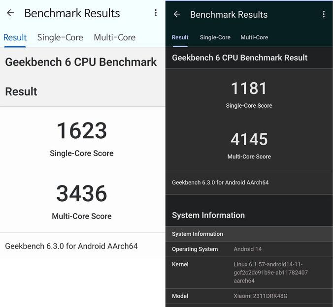 갤럭시 S22 울트라(왼쪽 사진)와 포코 X6 프로의 긱벤치6 성능 테스트 결과.    이동수 기자