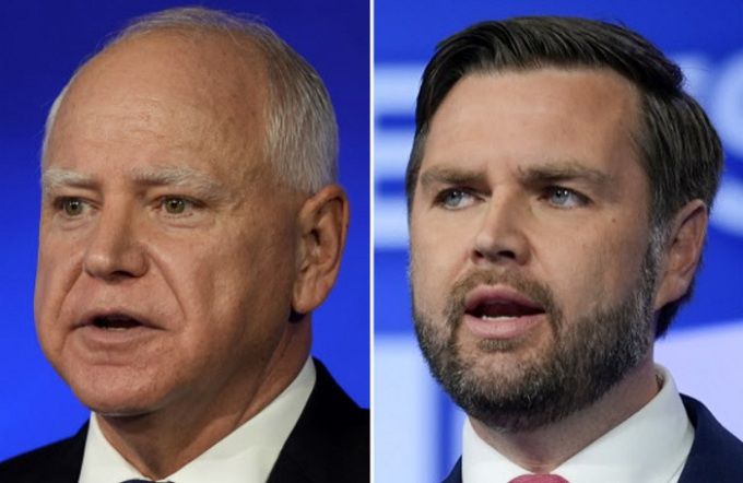 미국 대선을 앞두고 지난 1일(현지시간) 실시된 부통령 후보들 간의 TV 토론회에 출연한 민주당 팀 월즈 후보(왼쪽)와 공화당 J D 밴스 후보. AP연합뉴스