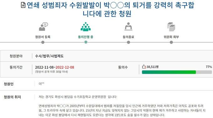 2022년 11월 국회 국민동의청원 게시판에 올라온 박병화 퇴거 요구 청원글. 국회 게시판 캡처