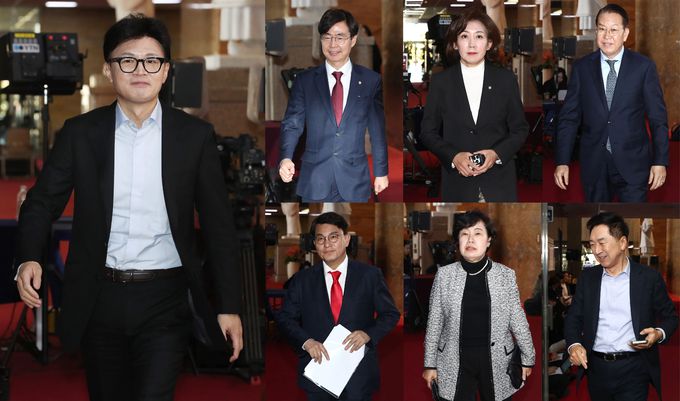 한동훈 국민의힘 대표와 중진 5·6선 의원들이 6일 서울 여의도 국회에서 회동을 하기 위해 당대표실로 향하고 있다. 왼쪽부터 시계방향으로 한동훈 대표, 조경태, 나경원, 권영세, 김기현, 조배숙, 윤상현 의원. 뉴스1