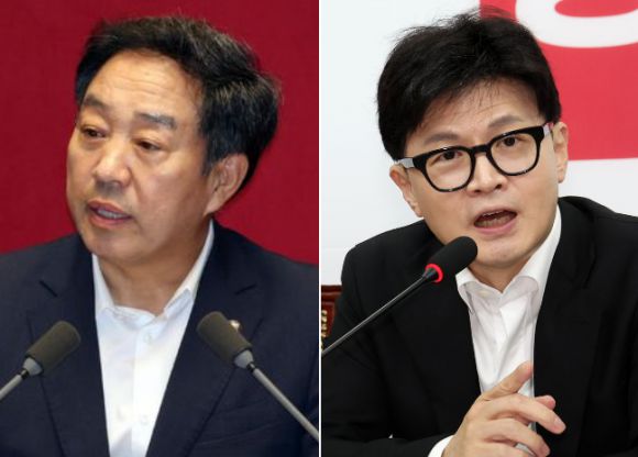 강승규(왼쪽) 국민의힘 의원과 한동훈 국민의힘 대표. 뉴시스