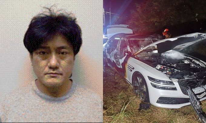 김명현 머그샷. 오른쪽은 피해자가 타고 있던 렌터카. 대전지검·충남 서산소방서 제공