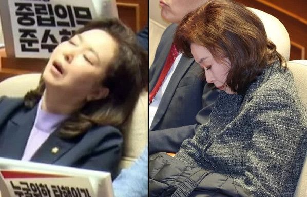 김민전 국민의힘 의원이 지난해 7월 국회 본회의장에서 ‘채상병 특별법’ 통과를 막기 위한 필리버스터 진행 도중 잠이 든 모습. 오른쪽 사진은 지난 9일 국회 긴급현안질문을 위한 본회의에서 잠이 든 모습. 국회의사중계시스템·뉴시스