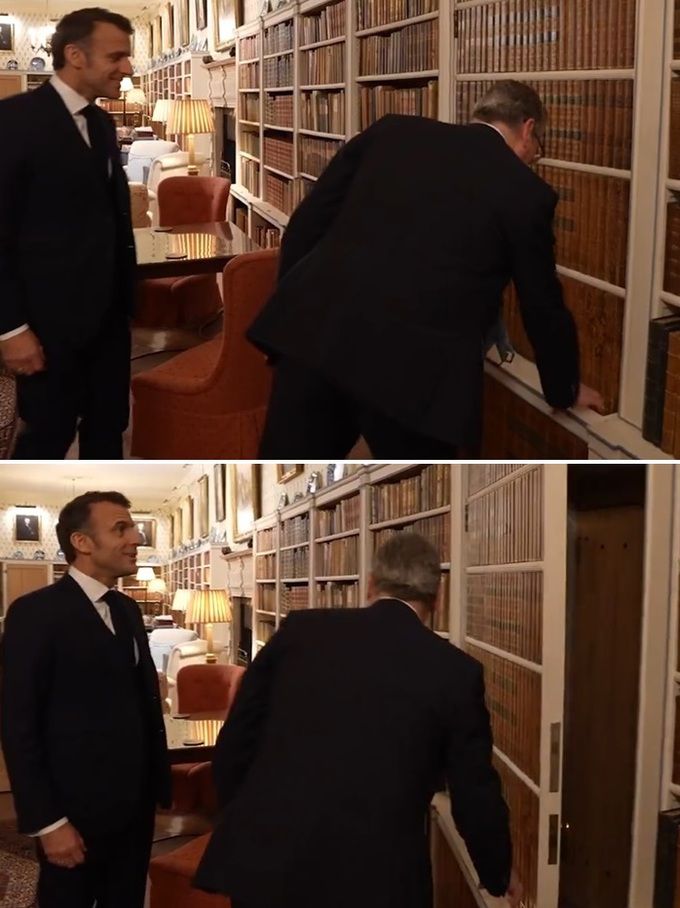 9일(현지시간) 영국 총리 별장 체커스를 방문한 에마뉘엘 마크롱 프랑스 대통령(왼쪽)이 키어 스타머 영국 총리의 안내로 제2차 세계대전 당시 윈스턴 처칠 전 총리가 애용했던 서재를 둘러보고 있다. (위 사진) 아래는 스타머 총리가 책과 서가인 것처럼 위장된 비밀 통로의 문을 열자 마크롱 대통령이 깜짝 놀라는 장면. 스타머 총리 SNS 캡처