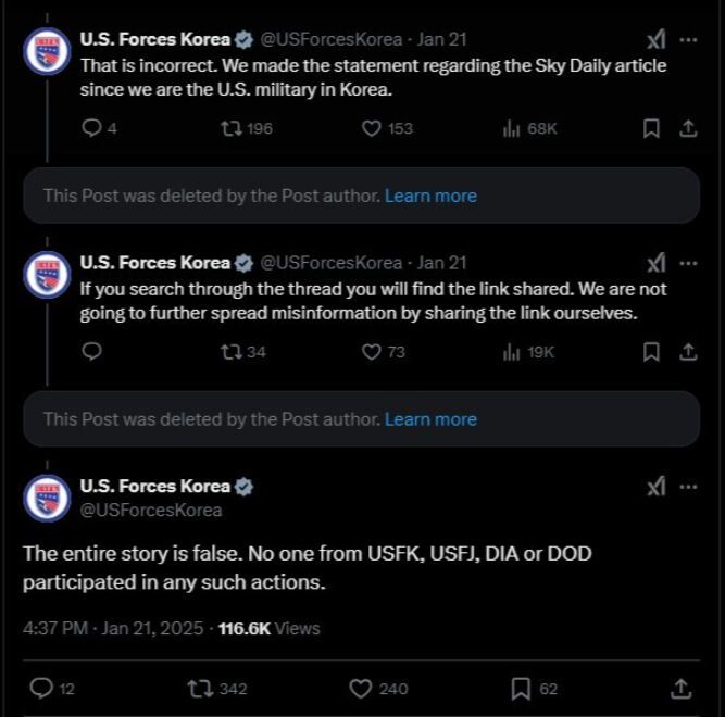 주한미군은 중국인 간첩 99명의 주일미군기지 압송은 사실이 아니라고 밝혔음에도 논란이 지속되자, 21일 엑스 공식계정을 통해 주한미군, 주일미군, 미 국방정보국, 미 국방부 어느 곳도 그런 행동에 참여하지 않았다고 다시 설명했다. 엑스 캡처