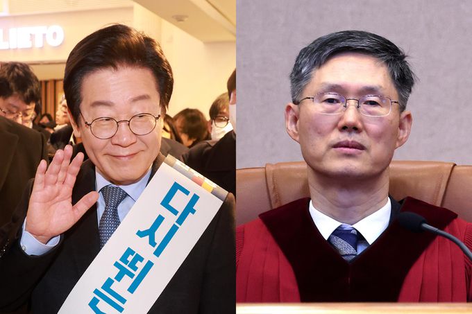 더불어민주당 이재명 대표가 설 연휴를 앞둔 지난 24일 서울 서초구 반포동 고속버스터미널에서 설 귀성객에게 인사하고 있다. 오른쪽은 문형배 헌법재판소장 직무대행이 23일 서울 종로구 헌법재판소에서 열린 이진숙 방송통신위원회 위원장 탄핵심판사건 선고기일에 자리하고 있다. 뉴스1