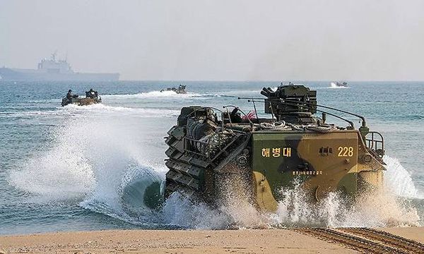 지난 21일 경북 포항시 남구 동해면 해안에서 해병대 1사단 상륙장갑차대대가 해군 노적봉함(LST-689)과 함께 상륙기회훈련을 실시하고 있다. 연합뉴스 제공