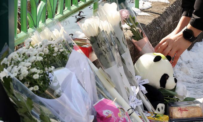 11일 오후 초등학생 피살사건이 발생한 대전 서구 관저동의 한 초등학교 정문 옆 담장에서 시민들이 국화꽃과 과자·음료 등을 놓으며 고 김하늘(8) 양을 추모하고 있다. 뉴시스