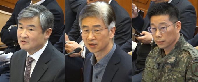 조태용 국가정보원장(왼쪽부터), 김봉식 전 서울경찰청장, 조성현 수도방위사령부 제1경비단장(대령)이 13일 서울 종로구 헌법재판소에서 열린 윤석열 대통령 탄핵심판 8차 변론에서 발언하고 있다. 헌법재판소 제공