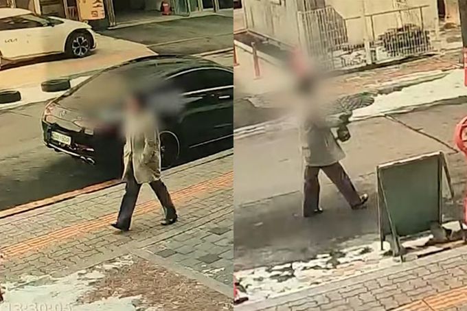 지난 10일 오후 1시30분쯤 대전 서구의 한 초등학교 인근 마트에 들러 흉기를 구입한 뒤 검은 봉지에 들고 나오는 40대 여교사의 모습. JTBC 보도화면 캡처