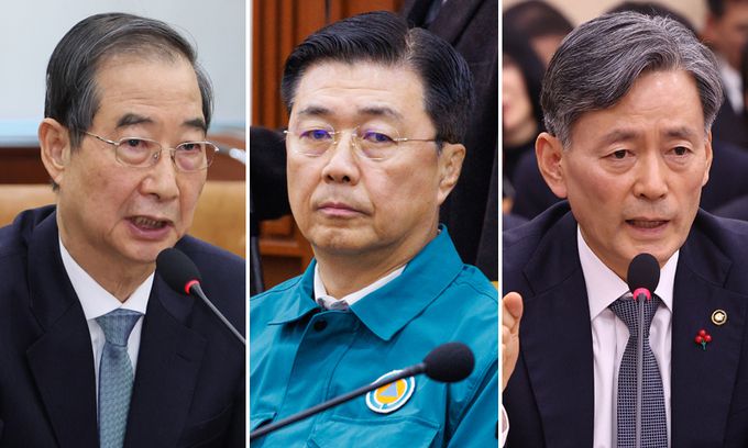 (왼쪽부터) 한덕수 국무총리, 홍장원 전 국가정보원 1차장, 조지호 경찰청장. 연합뉴스