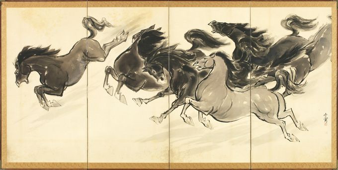 운보 김기창 雲甫 金基昶, 군마도, c. 1950-60s, 종이에 수묵채색, 4폭 병풍