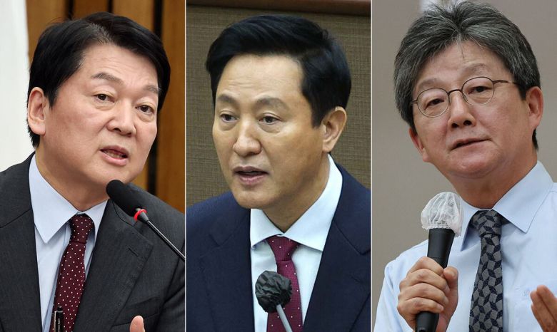 (왼쪽부터) 안철수 국민의힘 의원, 오세훈 서울시장, 유승민 전 의원. 뉴시스