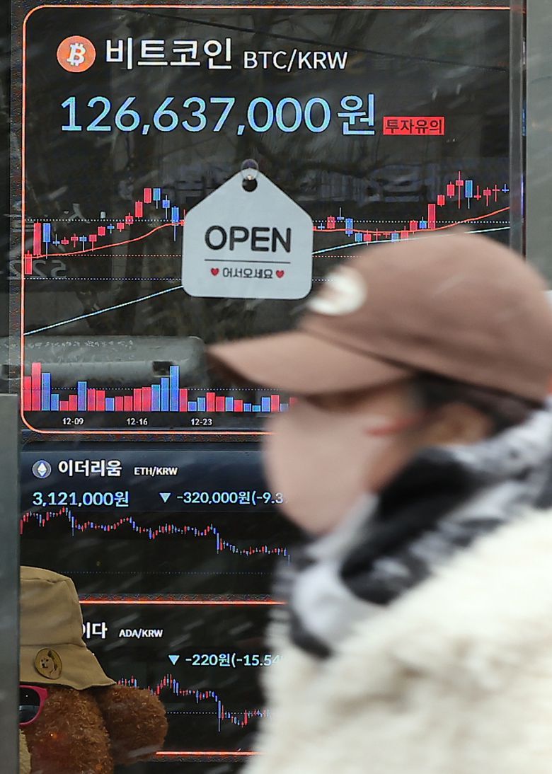 가상화폐 하루 만에 폭락 가상화폐가 급락한 4일 서울 서초구에 위치한 가상화폐 거래소 빗썸의 강남라운지 전광판에 비트코인 시세가 표시되고 있다. 전날 도널드 트럼프 미국 대통령의 가상자산 전략 비축 언급 이후 급등했던 가상화폐는 관세 확대에 따른 불확실성 증가로 하루 만에 폭락하며 상승분을 반납했다. 빗썸에 따르면 이날 오후 3시 기준 비트코인은 전날 대비 8.65% 떨어진 1억2714만8000원에, 이더리움은 12.74% 떨어진 317만9000원에 거래됐다. 뉴스1