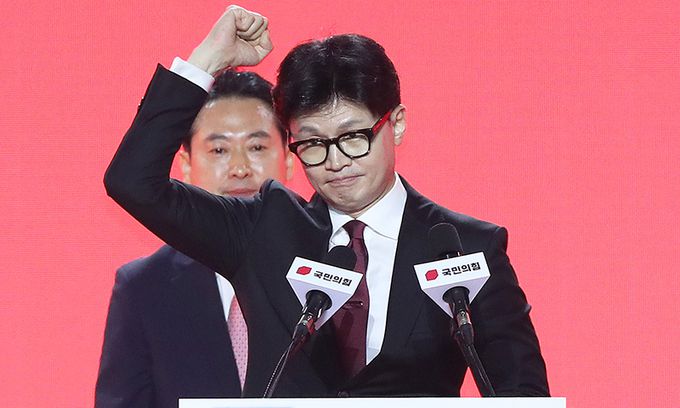 지난해 7월 23일 당시 국민의힘 한동훈 당 대표가 경기 고양 킨텍스에서 열린 제4차 국민의힘 전당대회에서 당대표로 선출된 뒤 수락 연설을 하고 있다. 공동취재사진