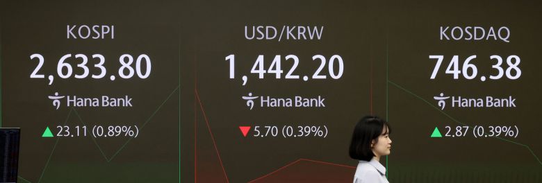18일 서울 중구 하나은행 본점 딜링룸 전광판에 코스피 지수 등이 떠 있다. 이날 오전 11시37분부터 7분간 시스템 오류로 주식 매매가 중지되는 일이 발생했다.  뉴시스