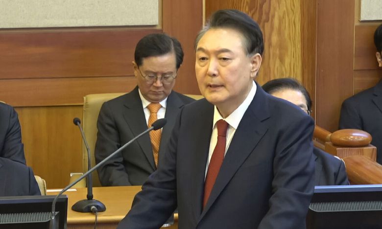 윤석열 대통령이 지난달 2월 25일 헌법재판소에서 열린 탄핵심판 최종 변론기일에서 최후진술을 하고 있다. 뉴스1