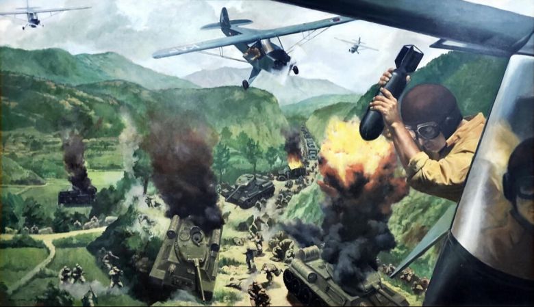 6·25 전쟁 초반 전투기가 한 대도 없었던 한국 공군은 그림과 같이 L-4 연락기 뒷좌석 조종사가 손으로 폭탄을 들어 적진의 표적을 향해 던지는 식으로 전투 임무를 수행했다. 전쟁기념관 소장 6·25 전쟁 기록화