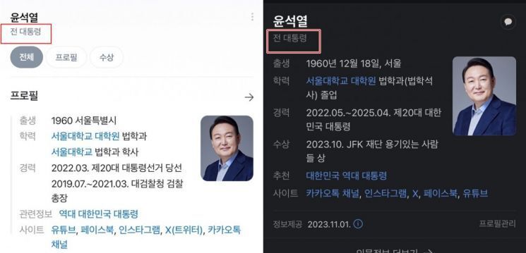 포털사이트 네이버, 다음에 표기된 윤석열 전 대통령. 네이버, 다음