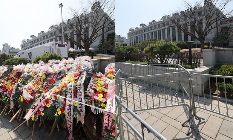 6일 서울 종로구 헌법재판소 앞의 윤석열 전 대통령 지지자들이 보낸 화환들이 수거돼있다(오른쪽). 왼쪽은 3월 14일 헌재 앞에 수북하게 쌓여있던 화환들 모습. 뉴스1
