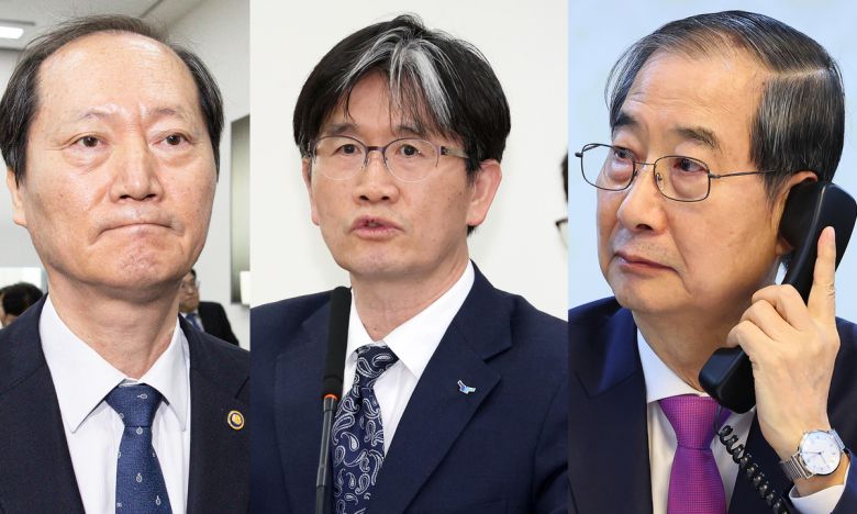 (왼쪽부터) 헌법재판관 후보자로 지명된 이완규 법제처장. 오동운 고위공직자범죄수사처장. 한덕수 대통령 권한대행 국무총리. 뉴스1