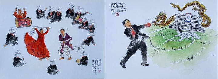 정태관 화가의 작품 ‘추미애 장관과 윤석열 총장과의 칼춤’(왼쪽)과 ‘윤석열 용산 사랑’. 뉴시스