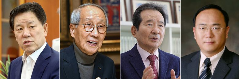 주승용 전 국회부의장(왼쪽부터), 윤여준 전 환경부 장관, 정세균 전 국무총리, 이헌환 아주대 법학전문대학원 교수. 뉴시스·세계일보자료사진