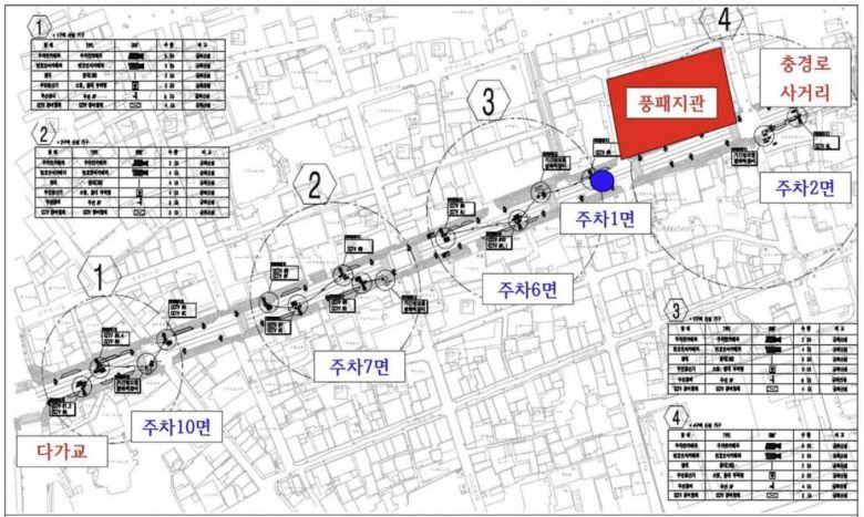 전주시가 충경로 일대 인도에 계획한 포켓주차장 위치도. 전주시 제공