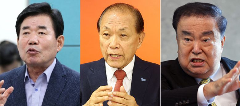 김진표 전 국회의장(왼쪽부터), 황우여 전 사회부총리, 문희상 전 국회의장. 연합뉴스·세계일보 자료사진