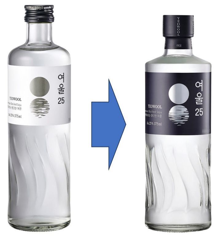 증류식 소주 '여울'의 패키지 변경 전과 후 모습. 롯데칠성음료 제공