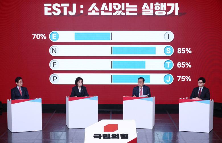 지난 20일 서울 강서구 ASSA아트홀에서 열린 국민의힘 제21대 대통령 후보자 1차 경선 조별 토론회에서 B조 홍준표 후보가 MBTI 자기소개를 하고 있다. 왼쪽부터 이철우·나경원·홍준표·한동훈 후보. 국회사진기자단