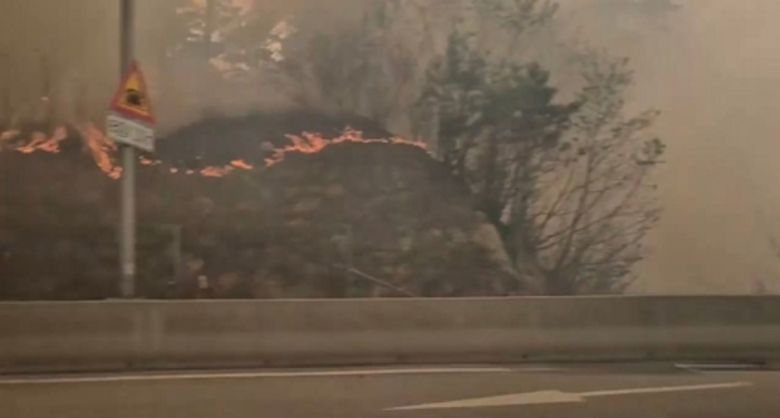 26일 오후 1시18분쯤 강원 인제군 상남면 하남리 한 야산에서 발생한 산불이 내린천 휴게소 인근까지 확산했다. 인제=연합뉴스