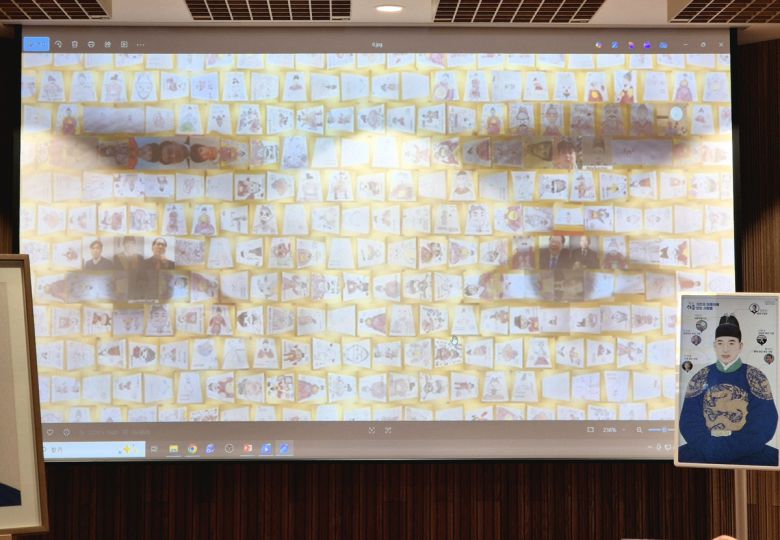 9일 오전 사단법인 세종국가경영연구원 주최로 서울 종로구 세종문화회관 서클홀에서 진행된 ‘청년 세종 어진 제작 발표회 및 봉정식’에서 확대한 어진(御眞·왕의 얼굴 그림) 속 시민들의 참여 이미지가 눈에 띈다. 김동환 기자