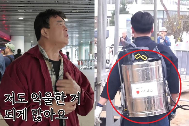 백종원 더본코리아 대표가 자신을 둘러싼 논란에 억울한 부분이 있다고 말하고 있다. 오른쪽은 백 대표가 지역 축제에서 농약통 사용을 지시한 모습. 스튜디오 오재나‧백종원 유튜브 캡처