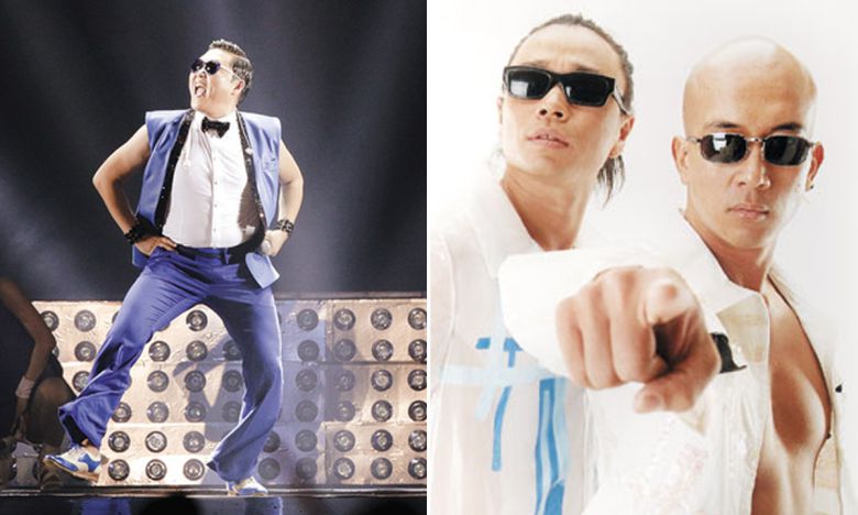 ‘강남스타일’ 곡에 맞춰 춤을 추고 있는 싸이(왼쪽), ‘꿍따리 샤바라’를 부른 가수 클론(강원래, 구준엽). 세계일보 자료사진